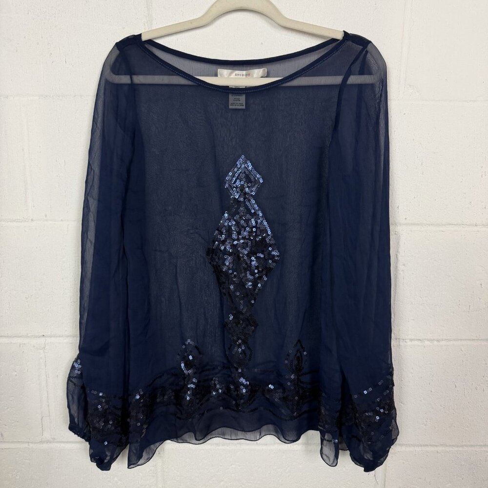 Studio M Long Sleeve Top Blue Sheer Sequins‎ Whimsigoth Dark Fairy Glam Bling S